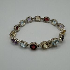 925 Sterling Silver Multi Gemstone Bracelet Topaz Garnet Citrine Amethyst 7.25”
